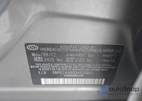 2013 Hyundai Sonata Se 2.0T z USA, uszkodzony, nr VIN 5NPEC4AB0DH525993